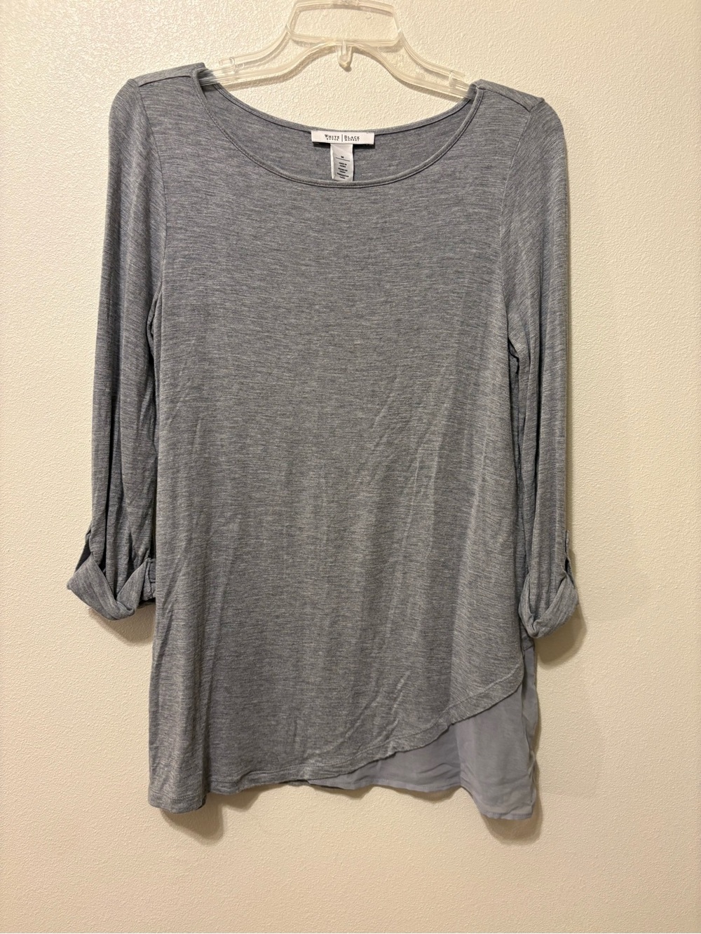 White House Black Market Heather Gray Roll-Sleeve Layered Hem Top